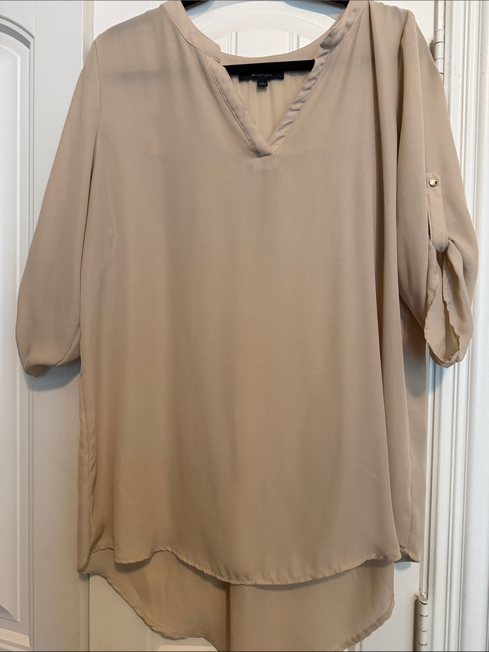 Light Beige V-Neck Roll-Tab Tunic Top - Relaxed Fit